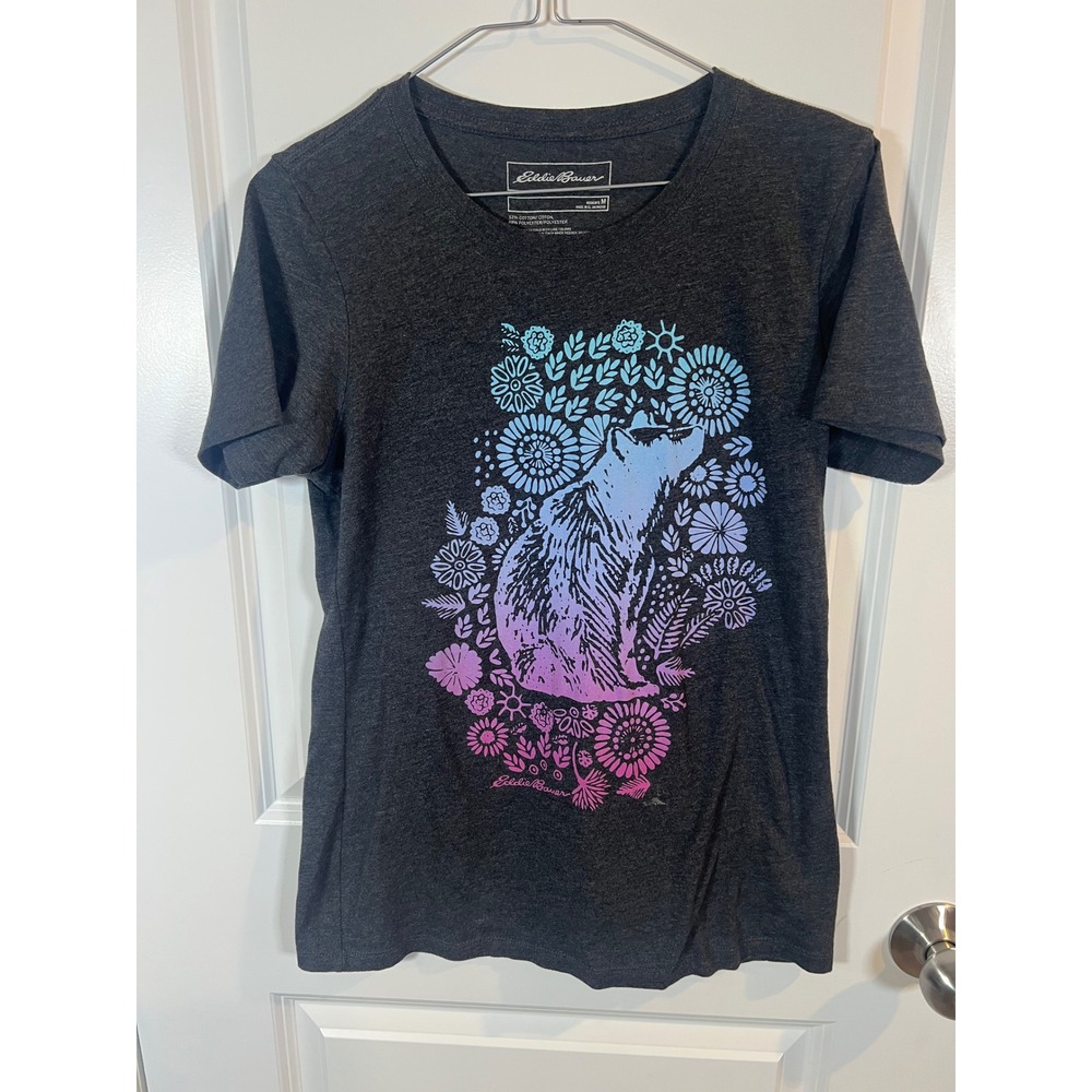Eddie Bauer Womens T-Shirt Wolf Floral Graphic Charcoal Gray Size M